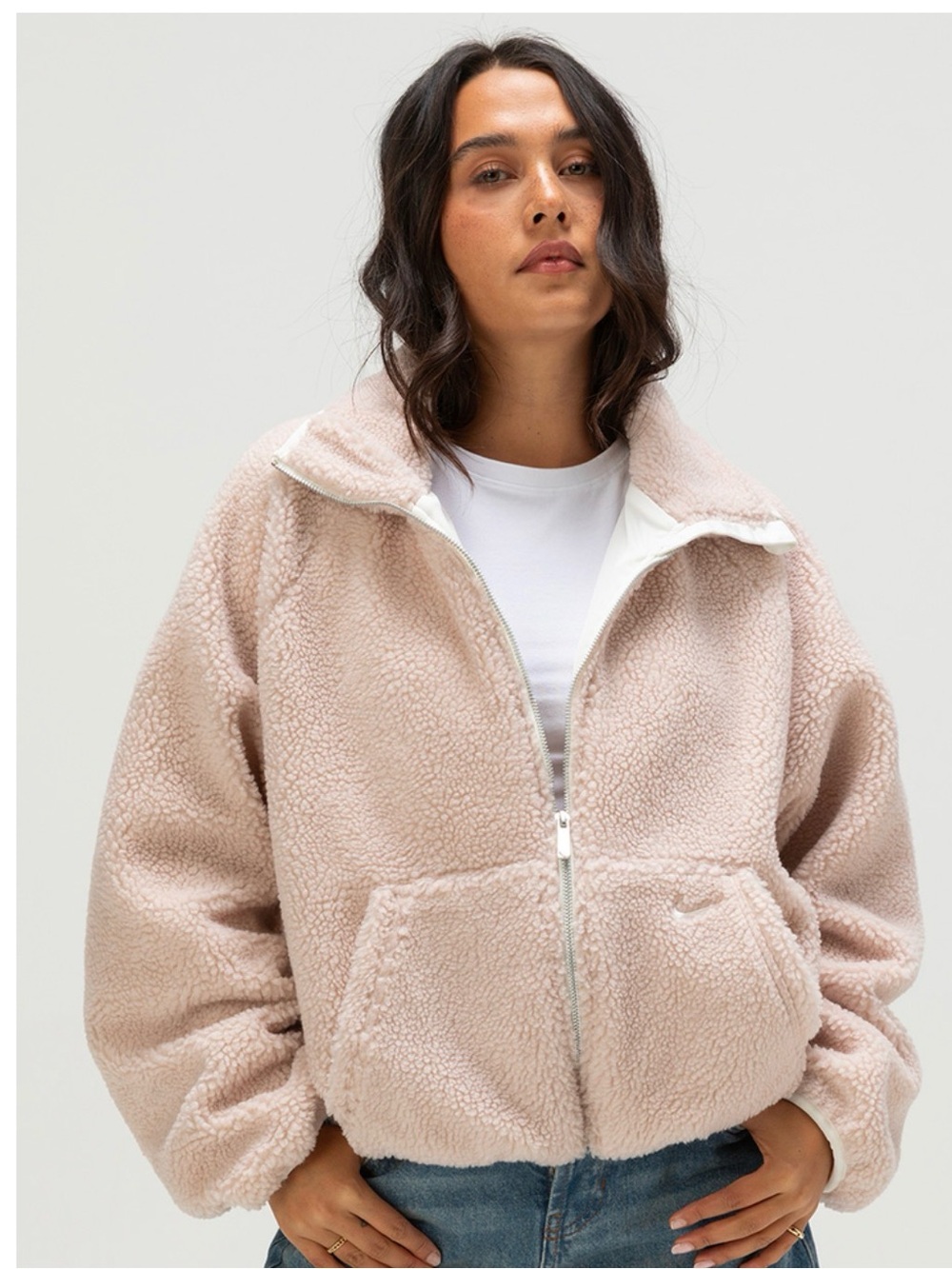 Nike Plush Teddy Zip-Up Sherpa Jacket in Blush Pink oversized XL NEW comfy cabin